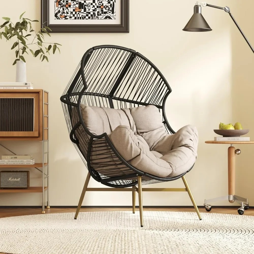 Outdoor Egg Chair,Patio Wicker-Weave Lounge Chair with Khaki Cushion Metal Frame,Oversized Modern Rattan Single Sofa