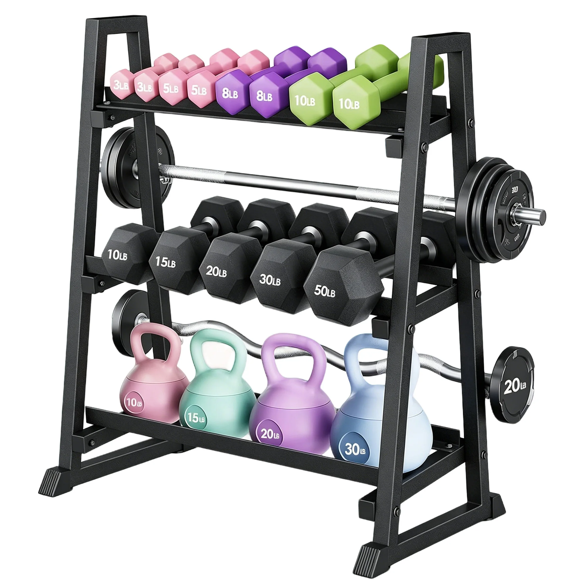 Image of Verstellbares 3-stufiges Hantelregal, 1300LB Tragkraft, Gewichtsständer für das Home-Gym – Robuster Organizer für Hanteln, Kettlebells, Langhanteln & Gewichtsscheiben – Langlebiges H-Rahmen-Design –