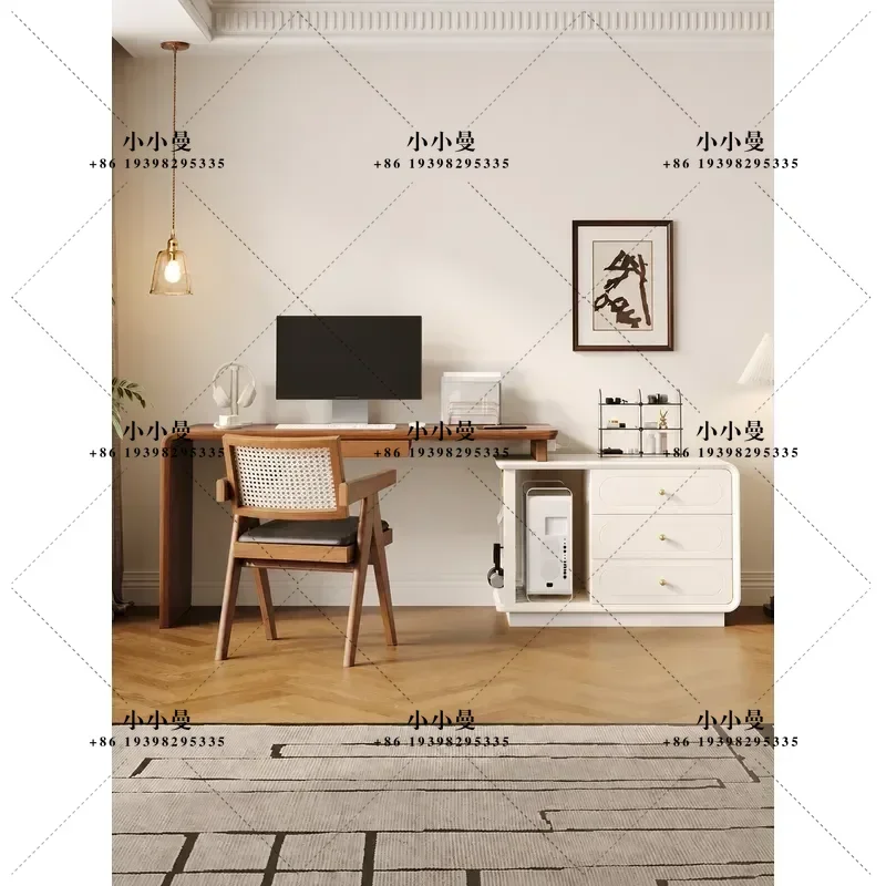 Medieval Style Two Tone Corner Computer Desk Retractable Rotating Solid Wood Writing Table with CPU Storage for Small