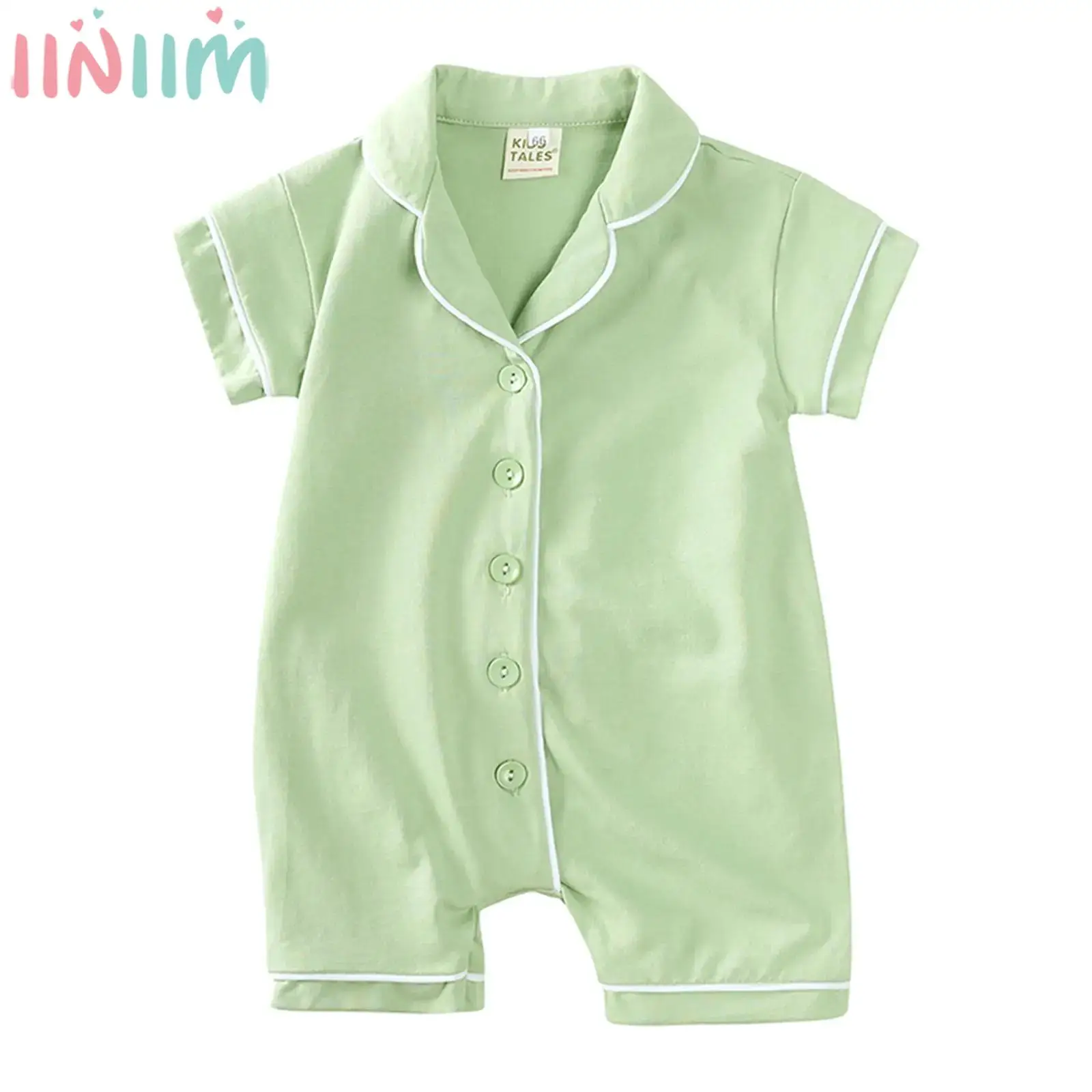 

Baby Summer Casual Romper Homewear One-piece Sleepwear Short Sleeve Button Down Solid Cotton Bodysuit Daily Wear Loungewear