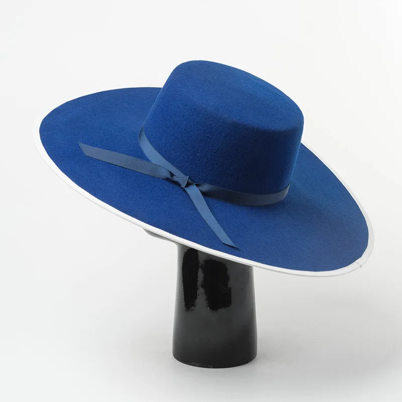 Autumn Winter New Fashion Rest Bowknot Decorated Wide Brim Woolen Flat Top Hat Catwalk Flat Top Hat
