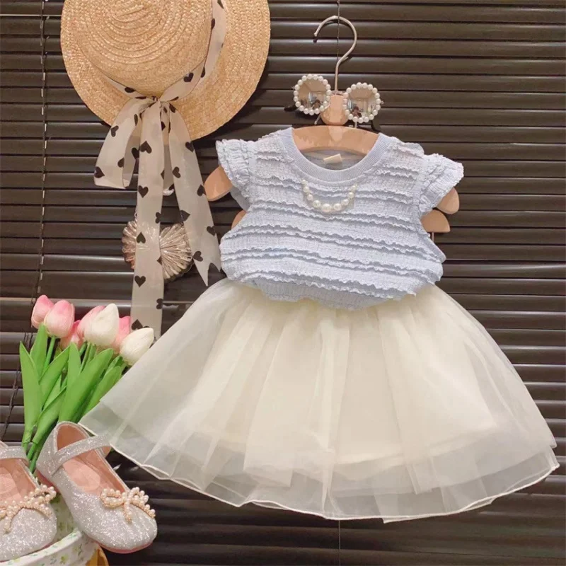 New Girls' Suit Summer New2024Baby Flounced Sleeve Gauze Skirt Little Girl Children Fashion Two-Piece Suit-WSNY