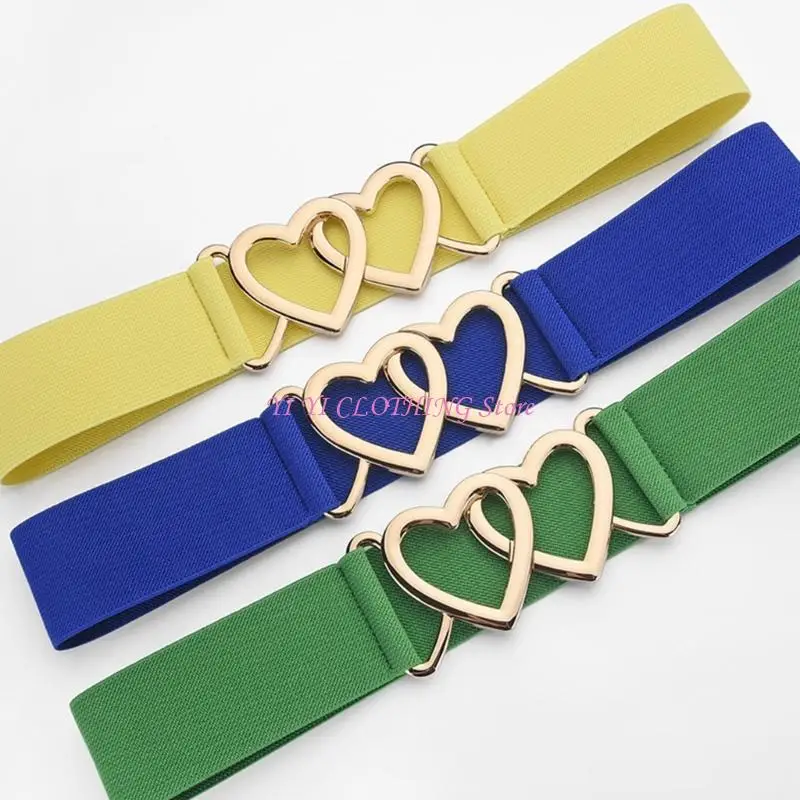 

N5KF Heart Buckles Stretchy Wide Belt Comfortable Waist Strap Elastic Waist Cincher