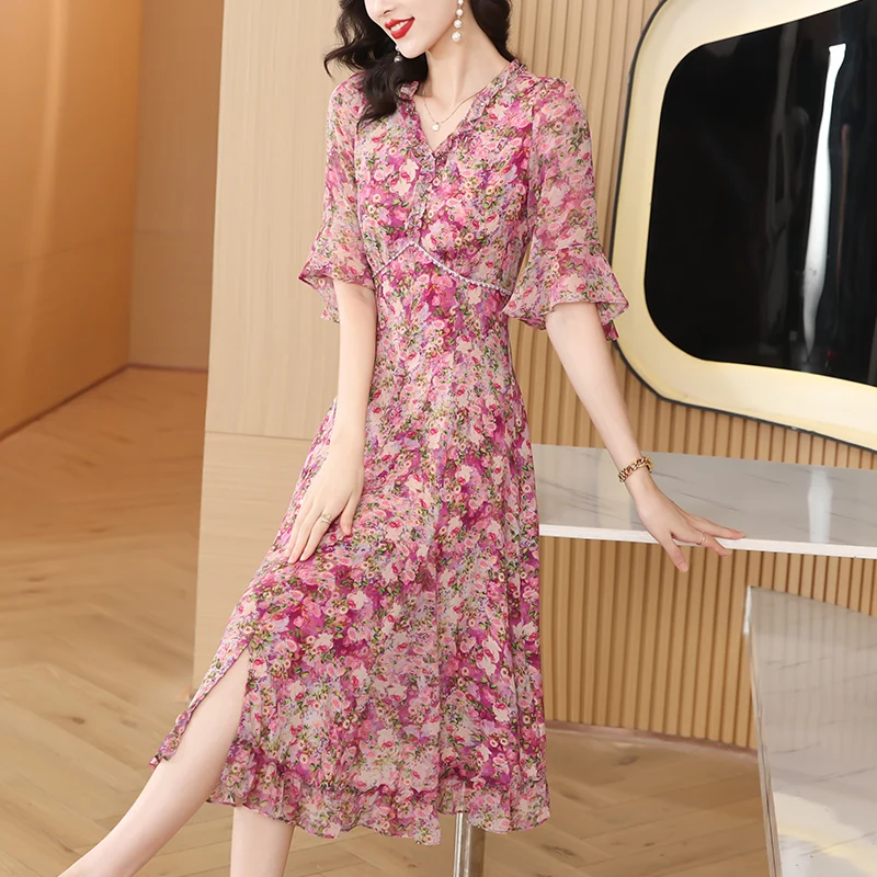 2025 여름 플로럴 시폰 우아한 캐주얼 비치 드레스 실크 시크 V넥 캐주얼 롱 드레스 여성 한국 바디콘 파티 나이트 드레스