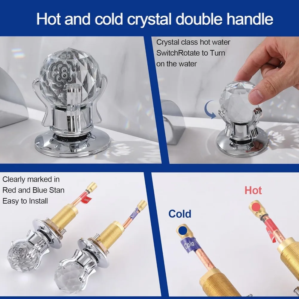 Keran Wastafel Kamar Mandi dengan Lampu LED, Fitur Air Terjun 3 Warna yang Berubah, dan Pegangan Kristal Ganda, Keran Mixer untuk 3 Lubang