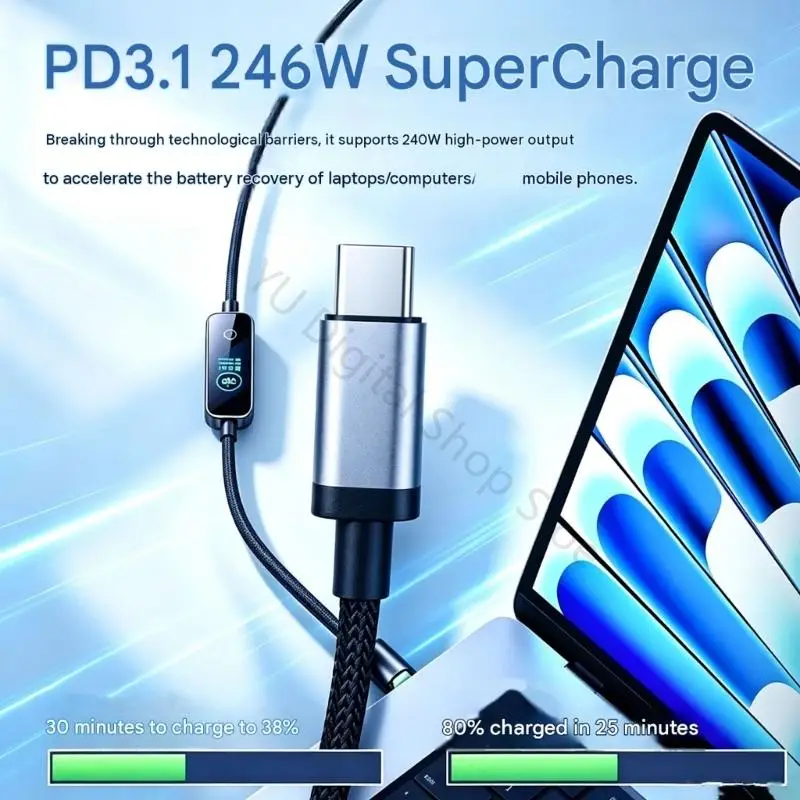 96BA Braid-Covered Type C to Type C Charging and Data Cable with Metal-Reinforced End Housings, Integrated Color Screen and