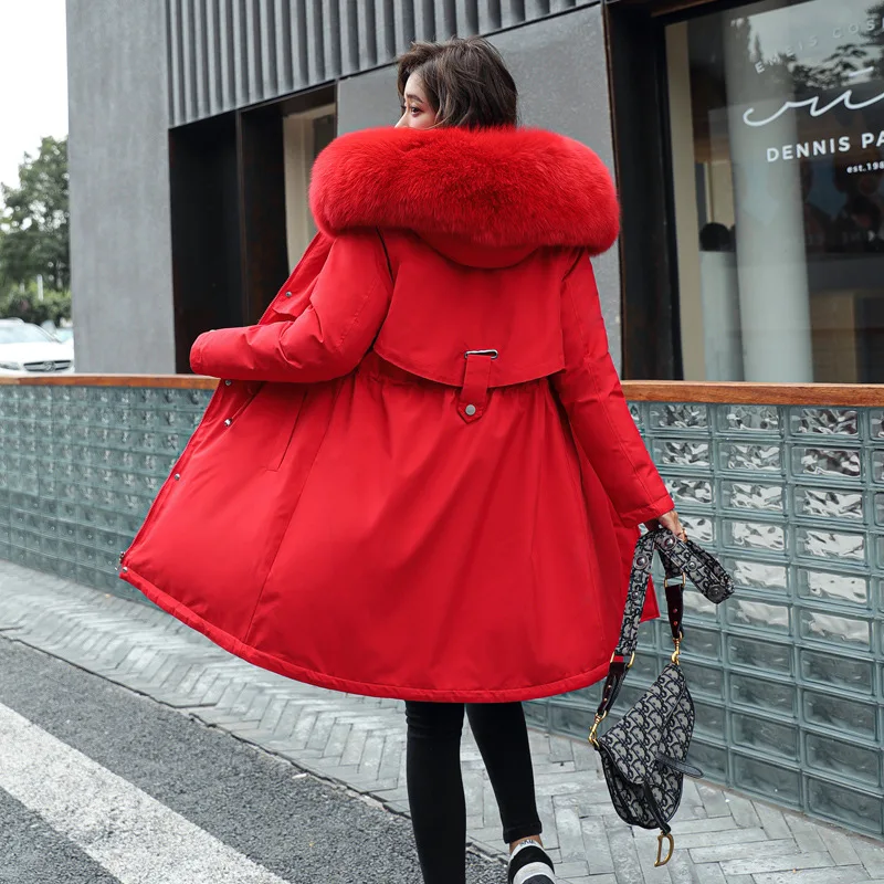 

2025 Winter Women Long Cotton Coat Large Fur Collar Plush Lined Warm Parka Outerwear