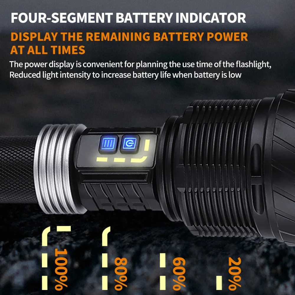 Newest 60W LED Flashlight Stepless Dimming Torch Lantern Portable USB Charging Waterproof Climb Camping Outdoor Lighting