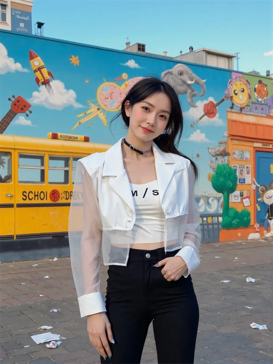 Sonnenschutz, abgeschnittene, durchsichtige Blazer mit Rückenschlitz, elegante Damenkleidung für Damen, Weben, kausal, bestickte Flares, Farbblock-Femme