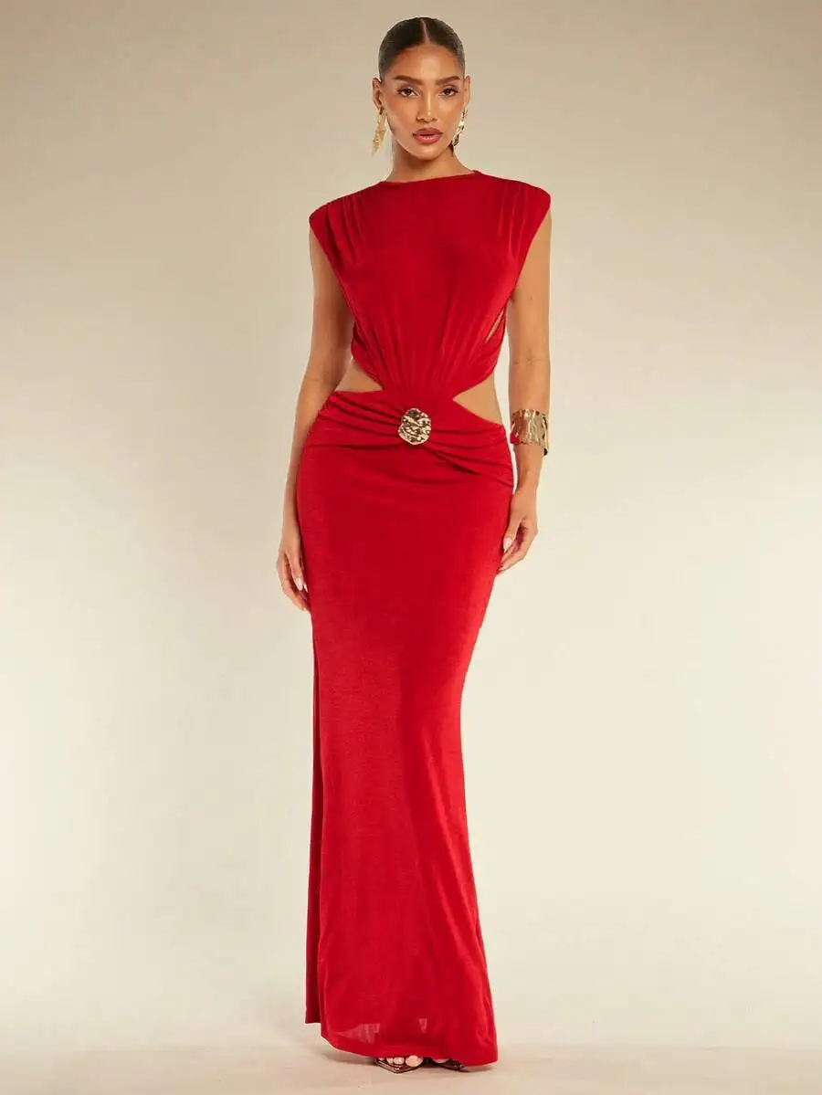 

Elegant Red Sleeveless Maxi Dress With Cut-Outs And Belted Waist For Party Evening Wear
