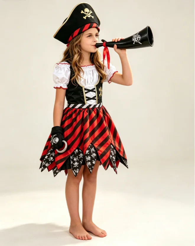 Halloween Pirate Theme Party Stage Performance Role Play Tutu Dress Skull Print Striped Fringe With Pirate Hat Eye Patch Outfit
