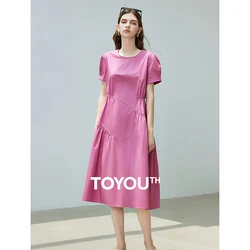 TOYOUTH Women Dress 2024 Summer New Split Spliced O Neck Short Sleeve Pink Mid Length Daily Party Dress