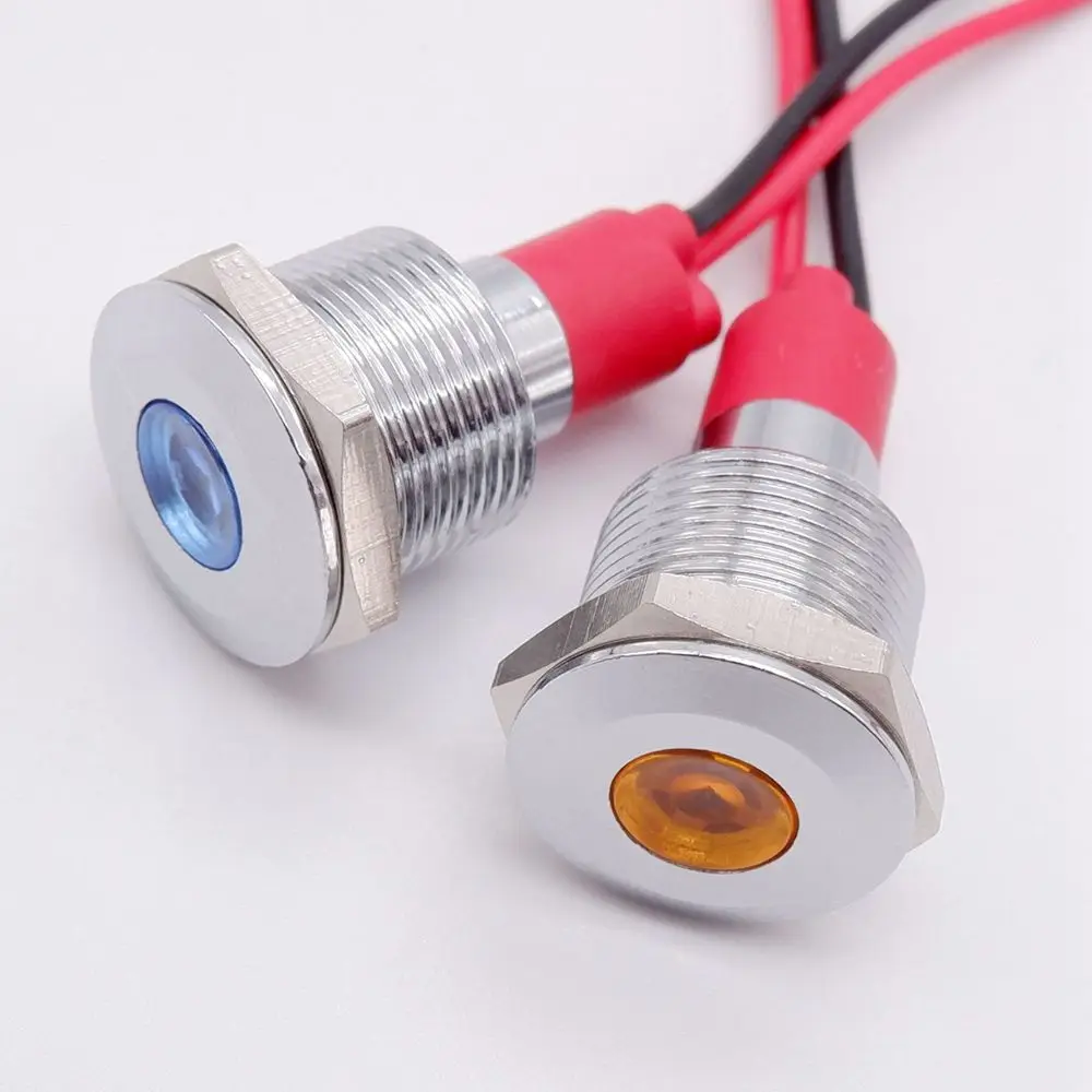 12mm Metal Indicator Light LED Warning Signal Lamp Pilot Wires Power Switch 3V 5V 12V 24V 220V Red Orange Green Blue White