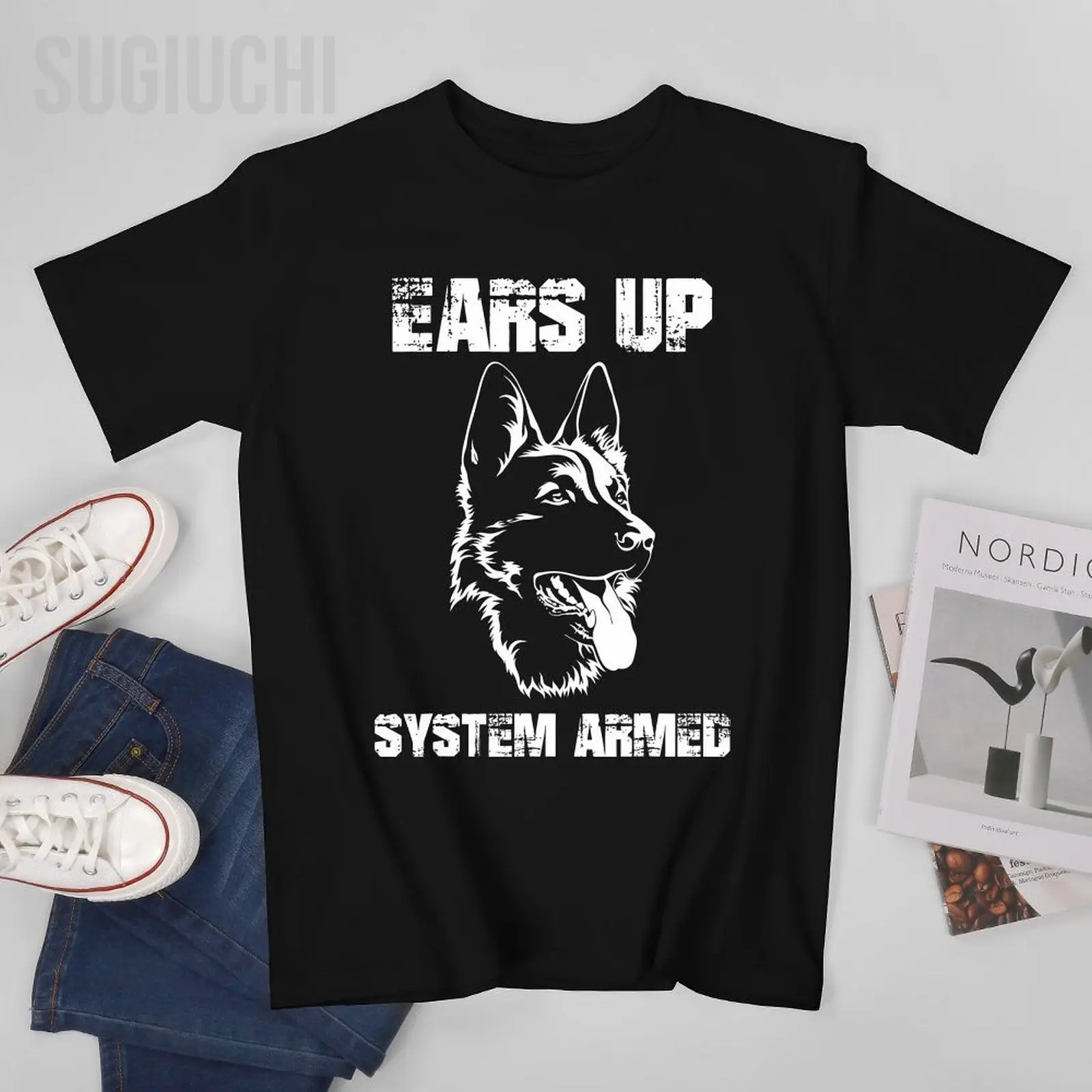 Men German Shepherd Ears Up System Armed Ears Tshirt Tees O-neck T Shirts Women Boys 100% Cotton Short T-Shirt Unisex