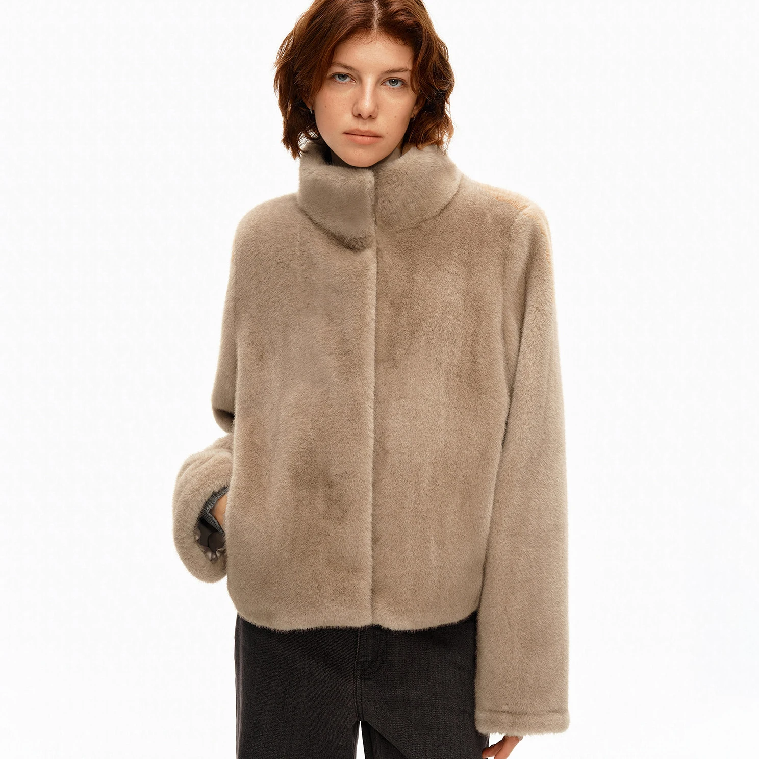 2026 Women's Fur Standing Collar Synthetic Fur Short Coat, Concealed Fastener, Simple Design, Warm Winter Outerwear