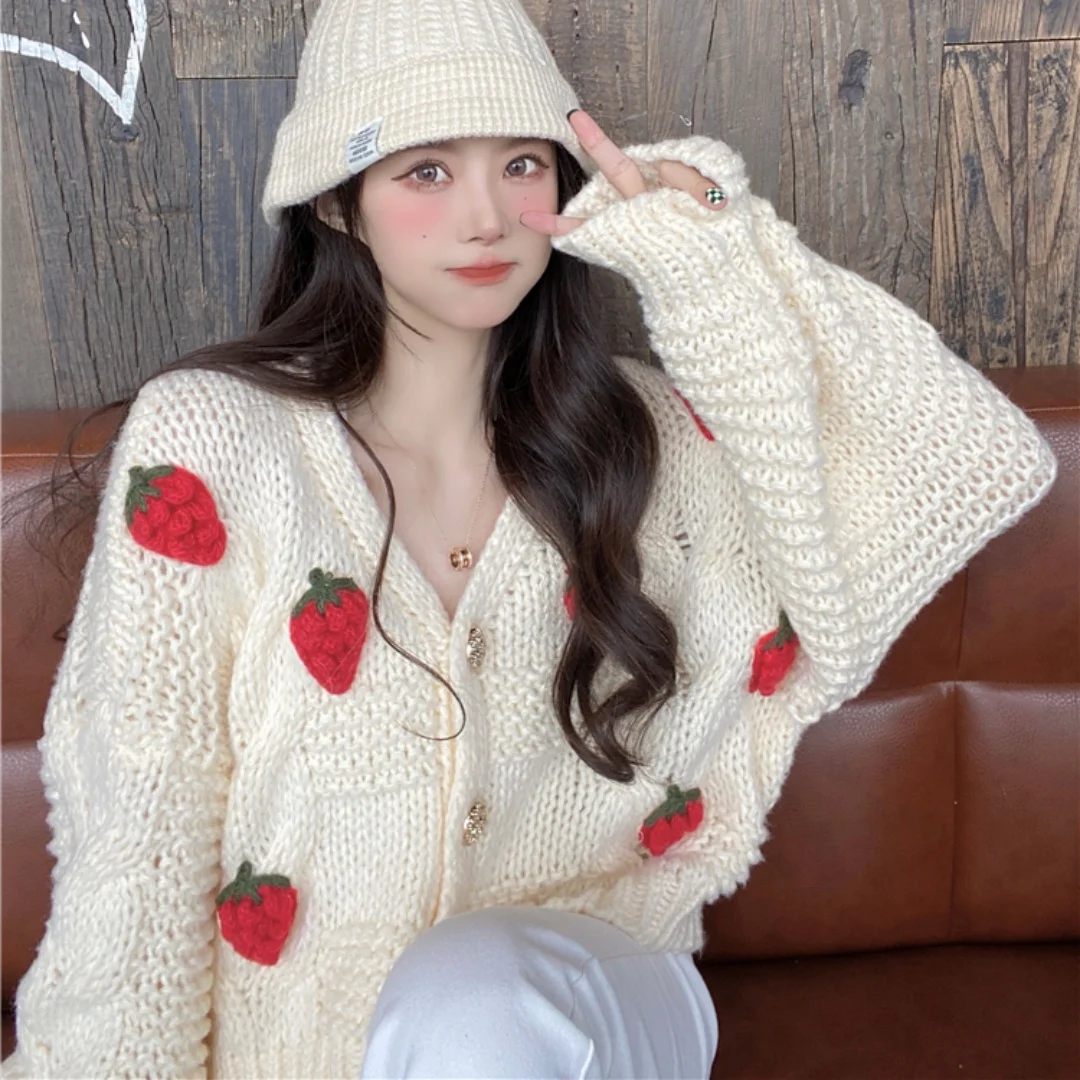 Premium Feel Strawberry Pattern Knitted Short Cardigan Women's Spring Autumn Soft Cozy V-Neck Long Sleeve Sweater Jacket