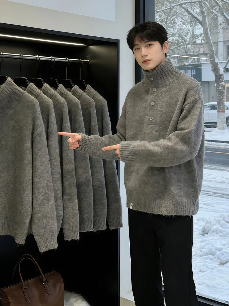 

Мужской зимний свитер в американском ретро-стиле с высоким воротом, вязаный, на пуговицах, из плотной шерсти, для ношения под одеждой