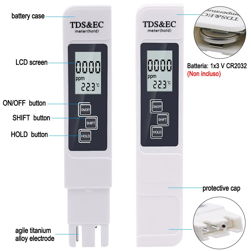 Imagem -02 - Qualidade da Água Tester Pen para Aquarium Pool Lcd Digital Calibração Automática Water Purity Test Medidor de Temperatura Tds ec