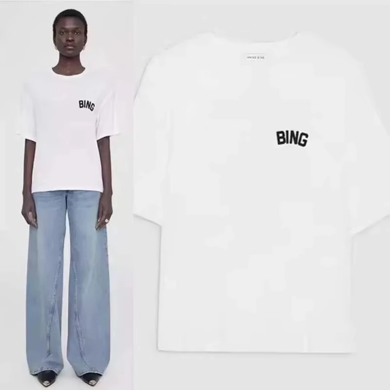 Bing Letter Printed Cotton T-shirt for Women 2025 Summer AB Series Casual O-neck Pure Printed Letter White Short-sleeved T-shirt