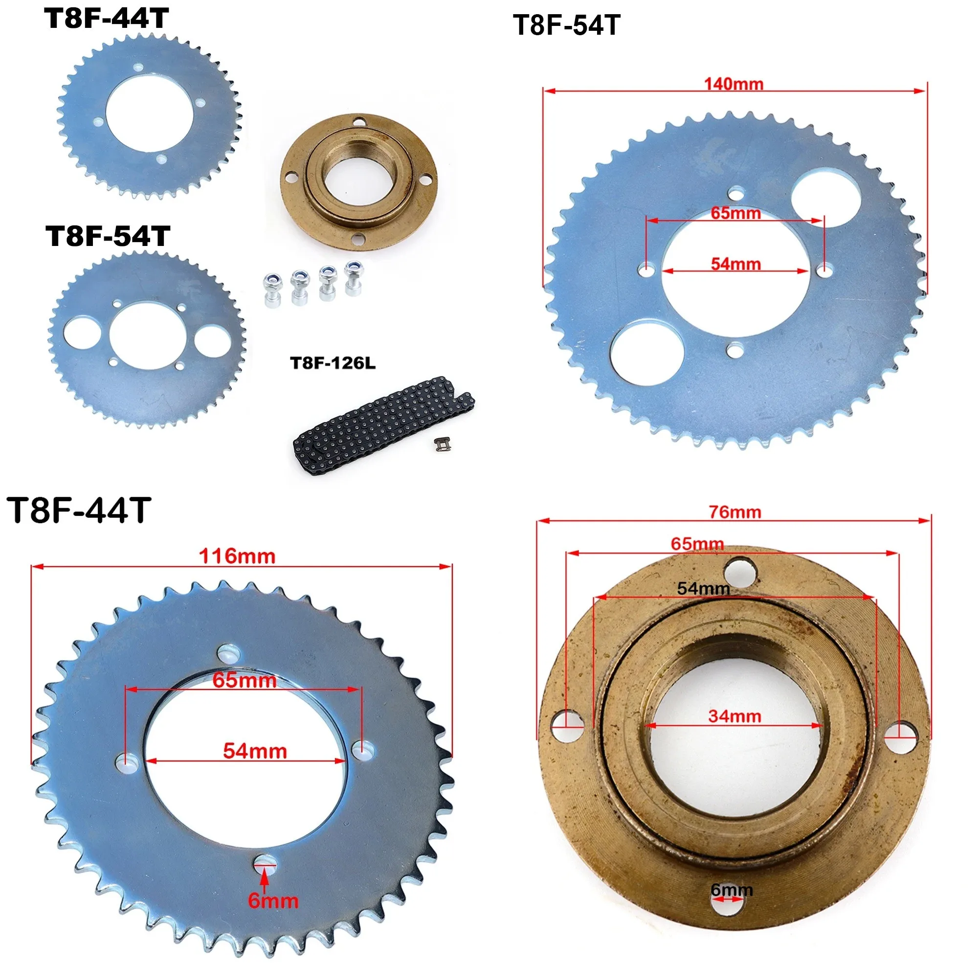 Electric Scooter Rear Wheel T8F 44T 54T 4 Bolt Sprocket Chain Drive Gear Freewheel Adapter for Bicycle Pocket Pit Dirt Bike
