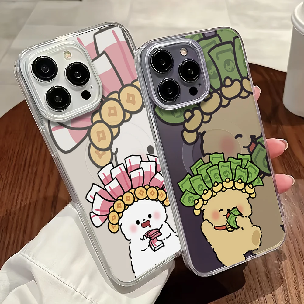 Cartoon Money Ingot Phone Case For iPhone 11 12 13 14 15 16 Pro Max Plus Magesafe Magnetic Transparent Charge Soft Shell