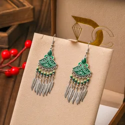 New Ethnic Enamel Fan Shaped Rice Bead Earrings for Women Creative Elegant Silver Color Metal Leaf Tassel Earring Party Jewelry