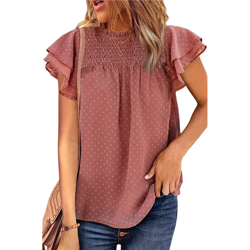 

A83F-Women Crewneck Lace Crochet Pom Flowy Short Sleeve Casual Shirts Blouses Tops