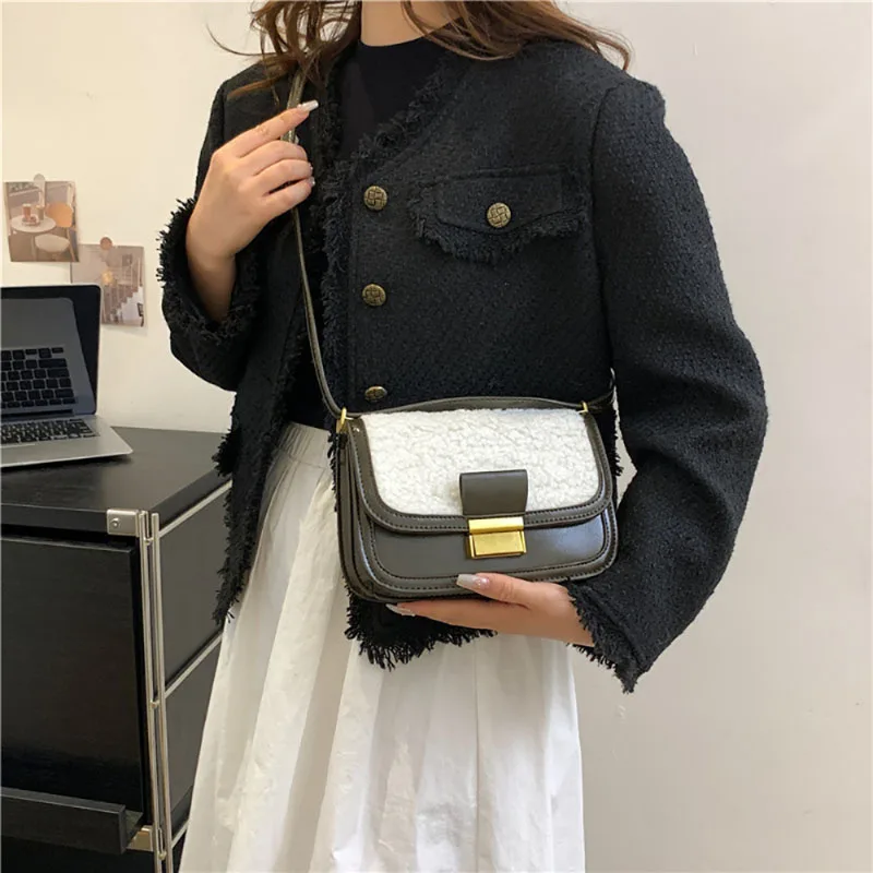 High-End Texture Women\'s Underarm Shoulder Bag Fashion Lamb Wool Splice Design New Crossbody Bag Retro All-Matching Commuter Bag