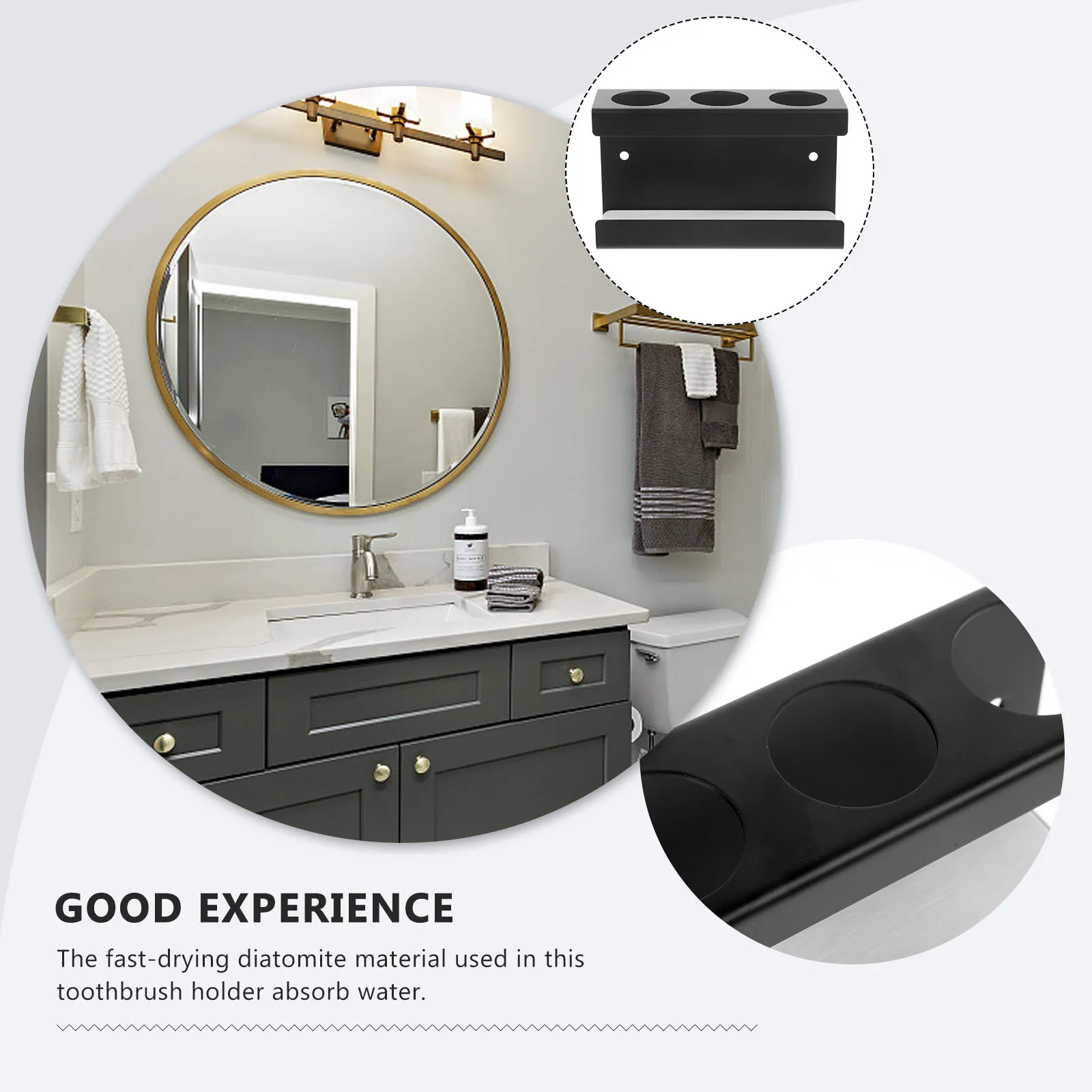 

Electric Toothbrush Holder Wall Mount Rack for Bathroom Stainless Steel Black 3 Person Fast Drying Diatomite Material Storage