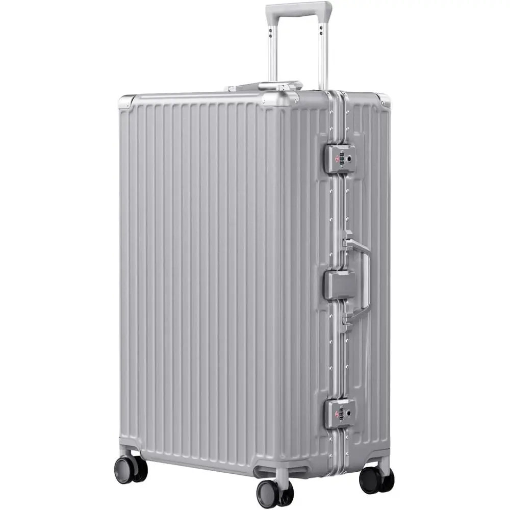 

Silver 28 Inch PC ABS Aluminum Frame Zipperless Hard Shell Checked Luggage TSA Lock Double Spinner Wheels Travel Suitcase