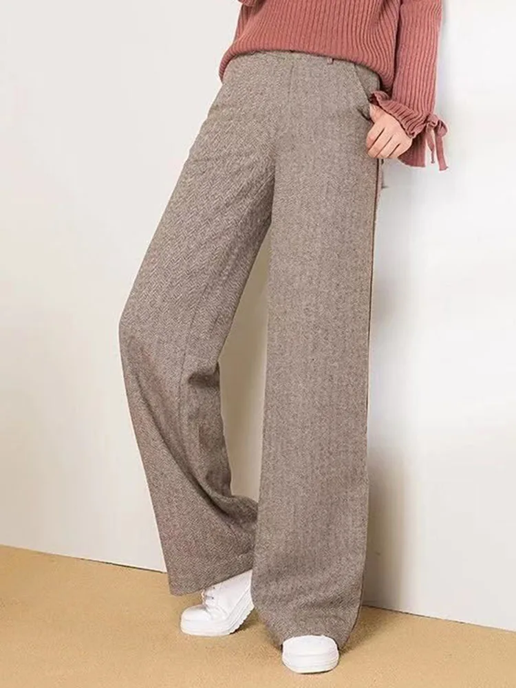 Women Casual Woolen Loose Straight Pants Korean Fashion High Waist Wide Leg Sweatpants Spring Fall Wool Blend Solid Pantalones