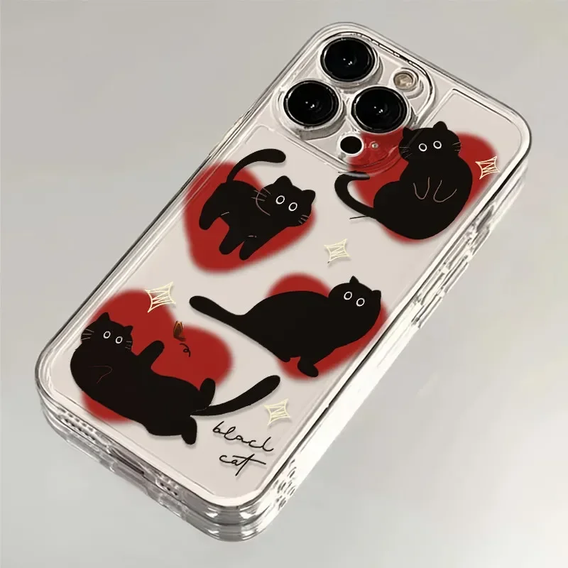 Black Cat Red Heart Kitten Phone Case For iPhone 16 11 12 13 14 15 Pro Max Mini XSM 7 8 Plus Stars Cats Cellphones Silica Covers