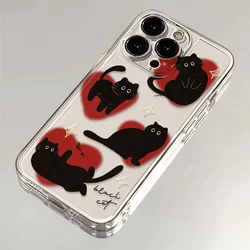 Black Cat Red Heart Kitten Phone Case For iPhone 16 11 12 13 14 15 Pro Max Mini XSM 7 8 Plus Stars Cats Cellphones Silica Covers