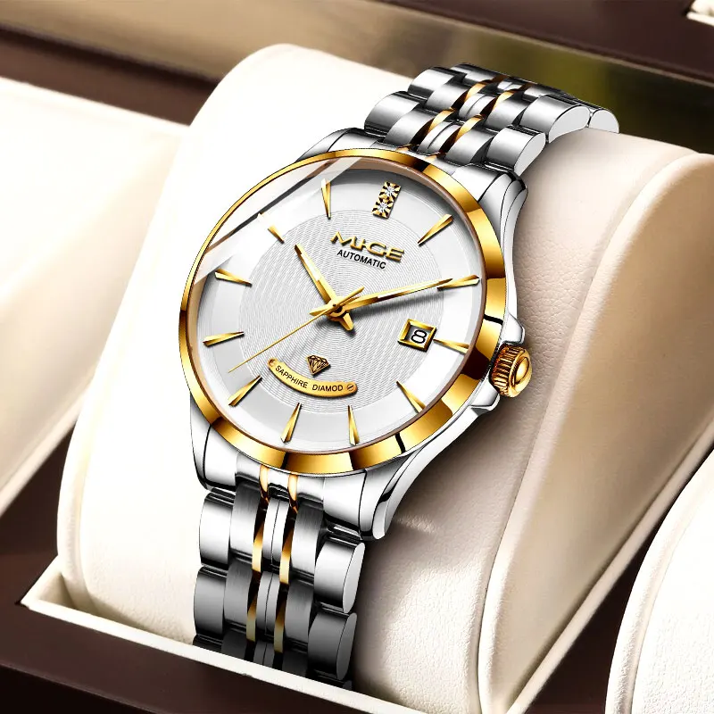 MIGE Men Self Winding Mechanical Watch Sapphire Glass Diamond Index Date Two-Tone Steel Band Waterproof Luxury Business Watch