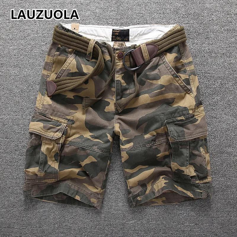 High Quality Luxury Men Vintage Cotton Camouflage Shorts Men Casual Loose Cargo Pocket Camo Short Pants With Belt