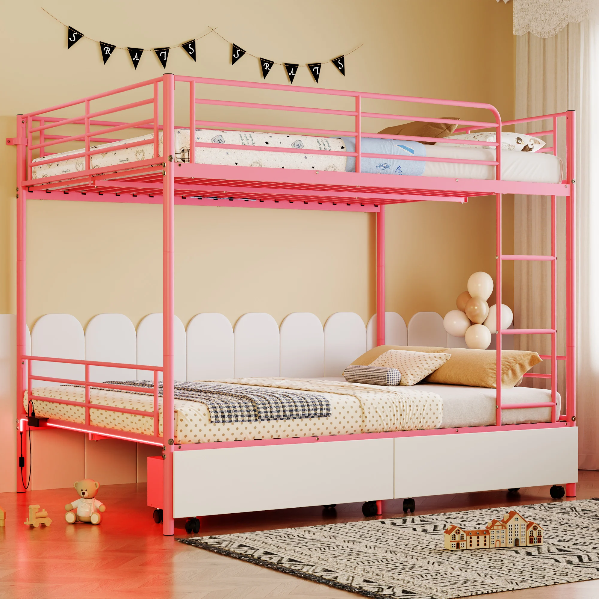 Bunk Bed with USB Charging Station, Able to Split, Metal Bunk Bed, Storage Space, Bed with Safety Guardrail & Ladders, No Box Sp