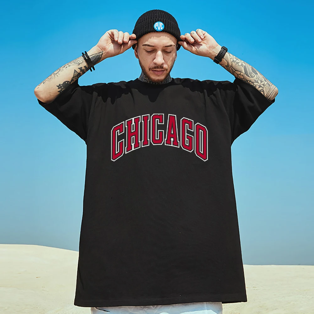 

Chicago Cotton Print Man Tee Top Vintage Hip Hop Streett-Shirts Loose Oversized Sport Loosetshirts Individual Fashion Clothes