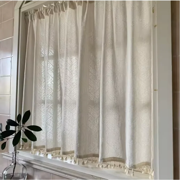 

American geometric cotton curtain Bookcase cabinet curtains coffee door curtain versatile custom cotton linen tassel curtains