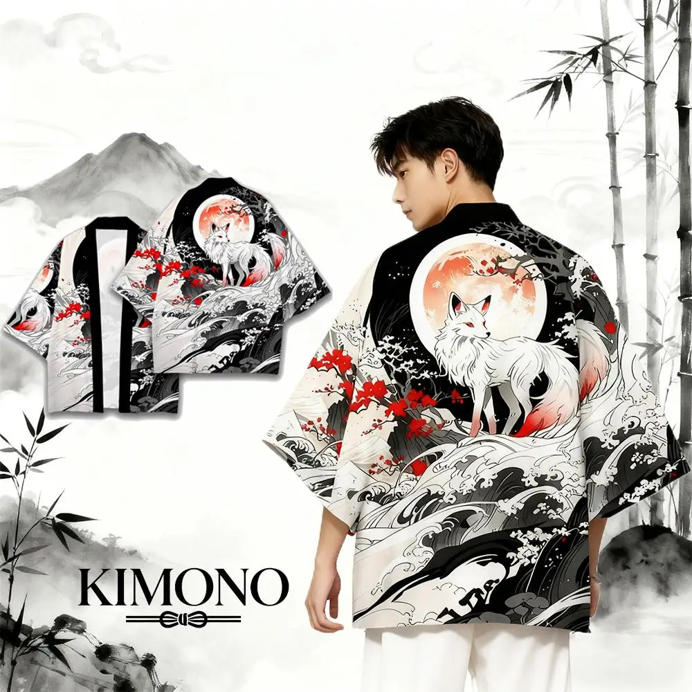 النمط الياباني التقليدي الكامل طباعة كيمونو Harajuku عطلة عادية الشاطئ سترة يوكاتا تسعة الذيل الثعلب Ukiyo-e الملابس