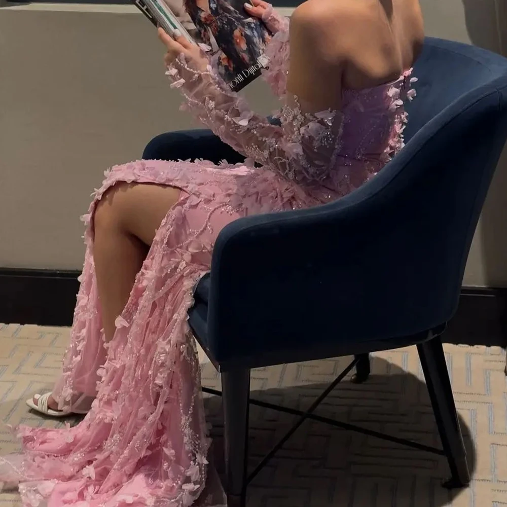 Vestido de noche personalizado a la moda, recto, hasta el suelo, sin tirantes, manga desmontable, apliques de Organza, vestidos elegantes para mujer