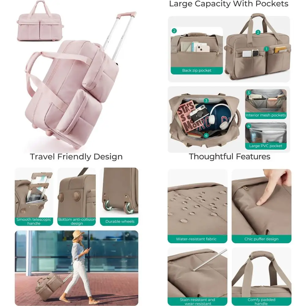حقيبة حمل دوارة سعة 42 لترًا، من القماش الخشن للسفر مع عجلات ومقبض، ميزة الجيب الرطب للأمتعة #1