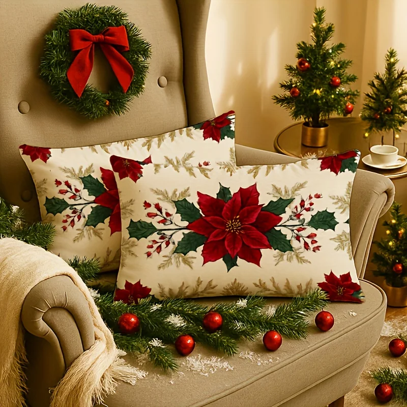 2PC Linen Vintage Christmas Lumbar Pillow Covers - Red And Green Poinsettia Floral Cushion Covers(Single Side, No Pillow Insert)
