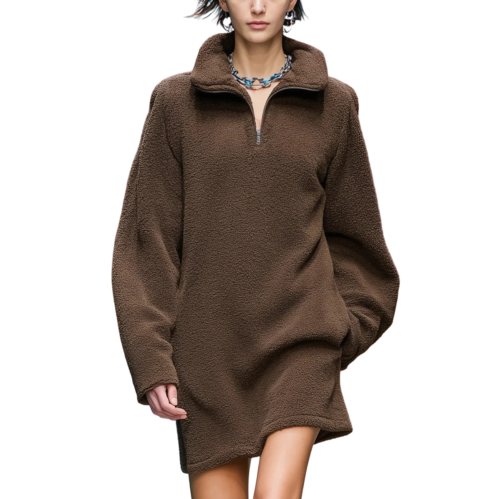 Robe sweat-shirt couleur unie, demi-fermeture éclair, jupe courte couchée à la taille, tenue d'affaires décontractée pour femmes, robe t-shirt, printemps et automne