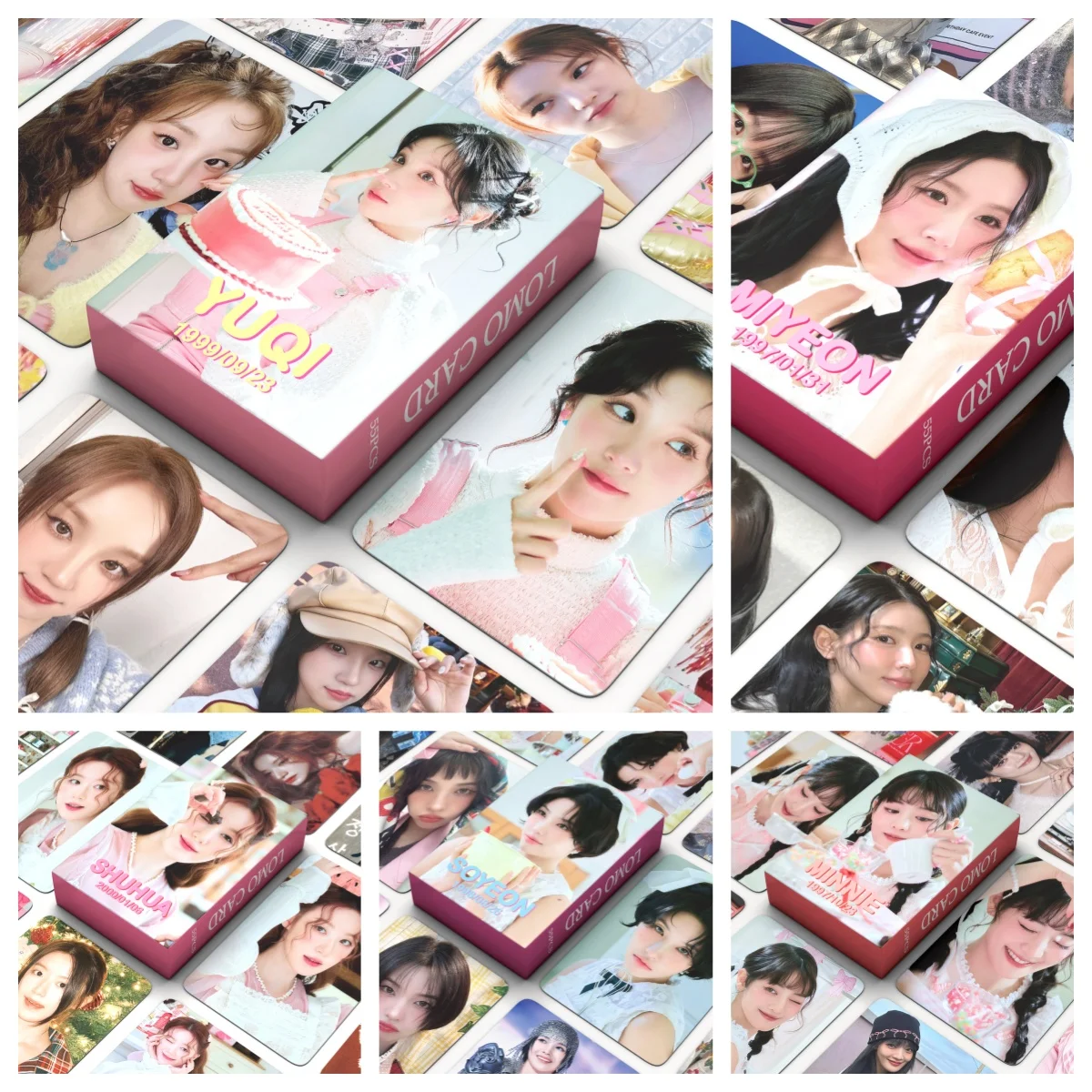 

55 pcs in stock YUQI MIYEON MINNIE SOYEON SHUHUA Fan Collection Card Photo card postcard lomo card