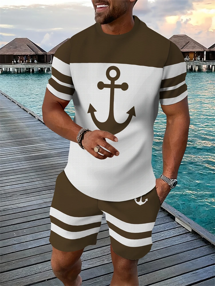 Marine Anchor Herren-Zweiteiler-Set mit Strand-Kokosnussbaum-Print, Rundhals-Kurzarmhemd und Shorts mit Kordelzug – Lässiges Urlaubsoutfit
