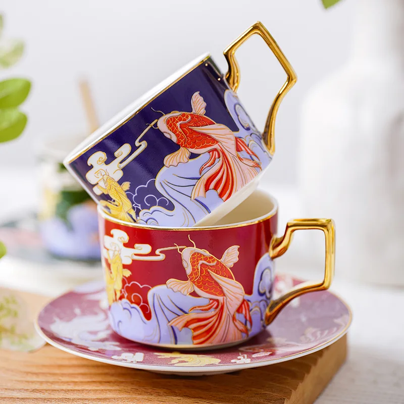 China-Chic Fish and Bird Ceramic New Chinese Coffee Cup and Plate Set Afternoon Camellia Tea Cup with Spoon and Plate Lady Gift