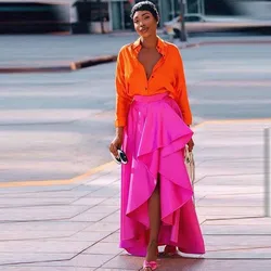 Asymmetrical Fuchsia Satin Skirts For Women Ruffles High Waist Black Girls Birthday Party Skirt Maxi Skirt