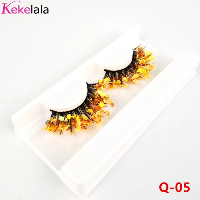 Unique Shining Colored Eyelashes Gold Pink Green Glitter Colorful False Eye Lashes Dramatic Halloween Party Rainbow Cilias