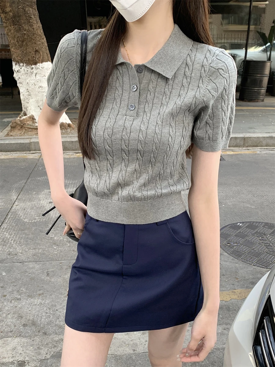 

ort Sve Ne Knitted T-irt Women's Spring Summer oulder Length Straight Korean Sle Small Size ort Length Top