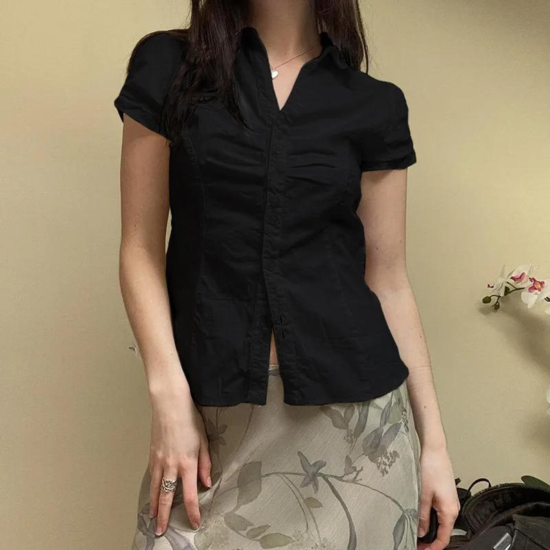 2025 Nowy lekki i dojrzały styl Niszowy projekt Plisowany pasek w talii Jednolity kolor Krótki rękaw Slim Koszula dojeżdżająca do pracy Kobiety